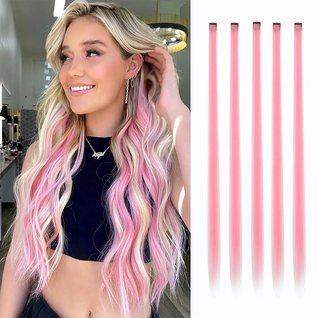 ZIBUYU 5 Pcs Pink Hair Extensions Clip in Hairpiece Accessories, 22 Inch Long Streak Straight Ins Heat Resistant Colored Synthetic, Using for Halloween Costume Party Play Highlights ZIBUYU 5 Pcs Pink Hair Extensions Clip in Hairpiece Accessories, 22 Inch Long Streak Straight Ins Heat Resistant Colored Synthetic, Using for Halloween Costume Party Play Highlights